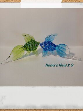 Vintage Lenox Art Glass Menagerie Blue & Green Fish Figurines Set of 2